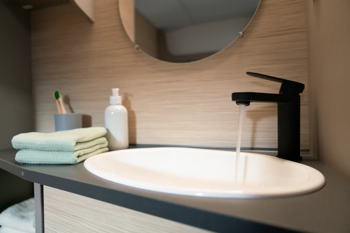 weißes ovales Waschbecken mit schwarzem Designer-Wasserhahn für kleine Wohnwagen